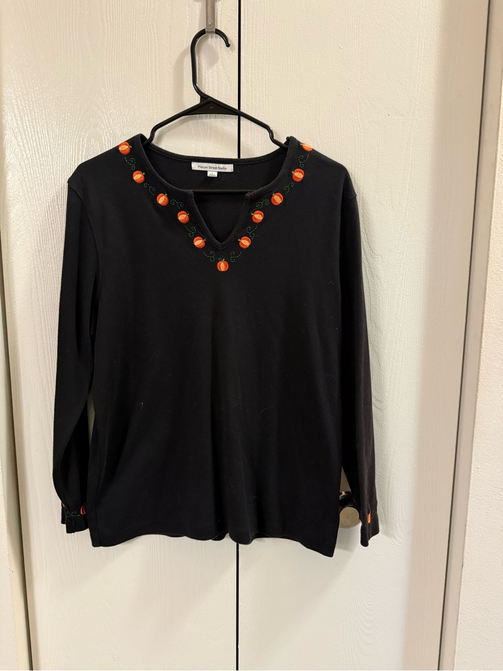 Mercer Street Studio Black Long-Sleeve Top with Pumpkin Embroidery